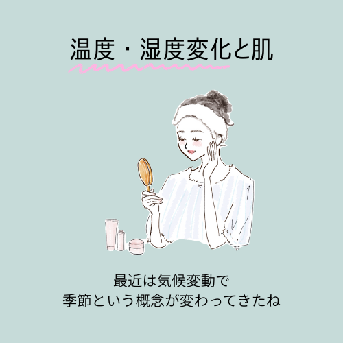 「温度・湿度変化と肌」というカテゴリーのCTA。これをクリックすると、温度や湿度によって変化する肌について無料で学ぶことができます。